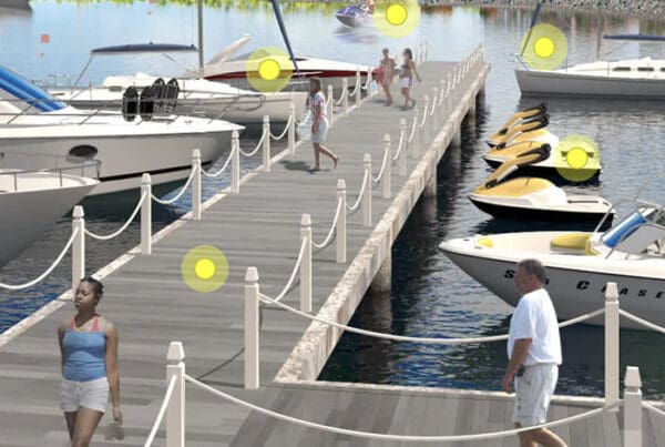 Clickable Coverage® - Watercraft Insurance Scene with People Walking On a Dock to their Boats and Personal Watercraft