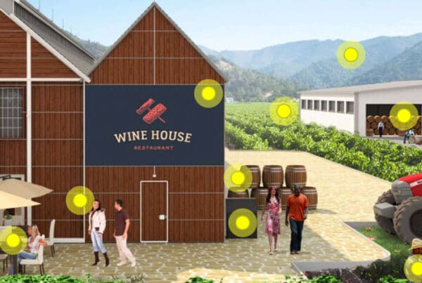 Clickable Coverage® - Winery Scene of People Walking Around Vineyard and Sitting While Drinking Wine