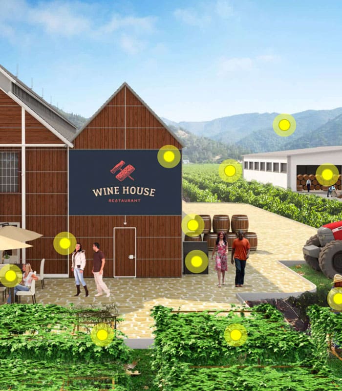 Clickable Coverage - Winery Scene of People Walking Around Vineyard and Sitting While Drinking Wine